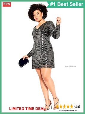 Plus Size Sequin Long Sleeve V-Neck Mini Cocktail Party Dress